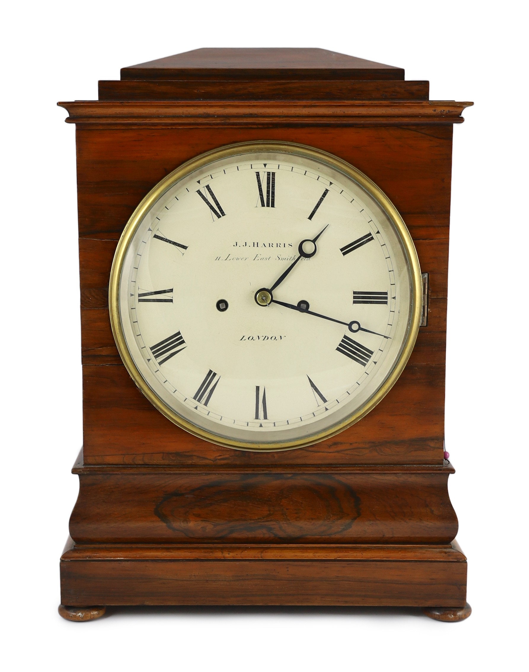 J.J. Harris of London. A Victorian rosewood hour repeating bracket clock, 30cm wide, 17cm deep, 42cm high